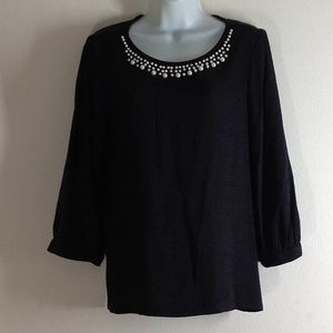 Karl Lagerfeld Black 3/4 Blouse w/Faux Pearls